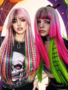 4pcs Leopard Print & Striped Hair Extensions, 20 Inch Colorful Long Straight Clip-In Hair, Suitable For Women's Daily Wear, Party, Halloween And Other Holidays - Multicolor - View 7