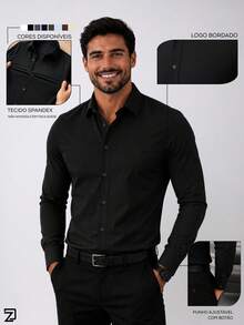 Men's Long Sleeve Spandex Dress Shirt - 黑色 - 查看 7