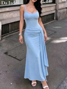 Da Jade Gaun Maxi Model Duyung Berkerah Persegi dengan Tali Bahu Tipis ala Prancis, Ikat Pinggang Berkerut, Lembut, Elastis, Halus, Pas Ramping, Cocok untuk Makan Malam, Kencan, Pesta, Pernikahan, dan Tamu Lainnya - Baby Blue - View 5