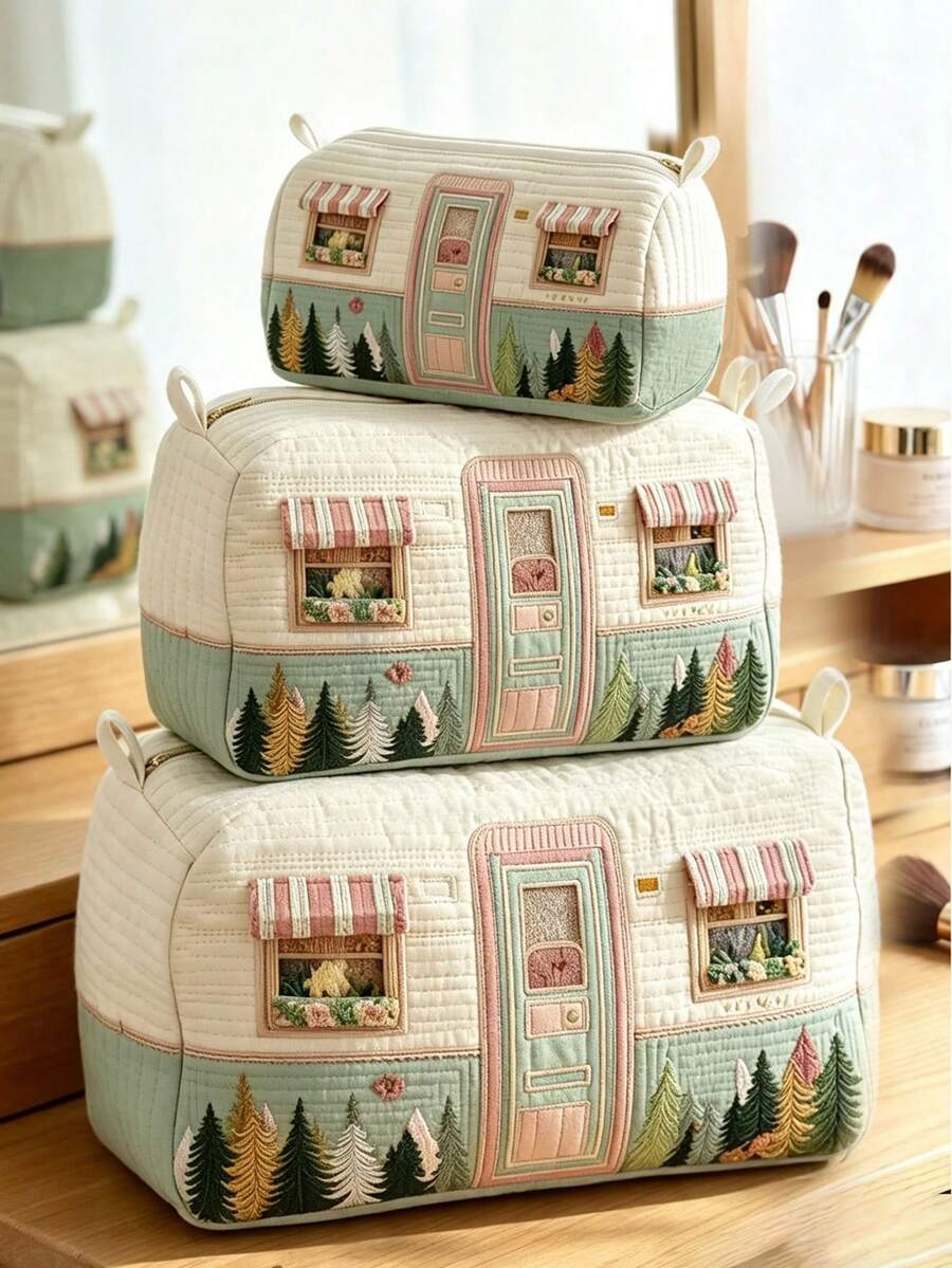 Cottagecore Faux‑Embroidery Quilted Cosmetic Bag Camping Bus Print Portable Toiletry Bag,Multi‑Use For Small Item Storage,School & Travel Essentials - Multicolor - View 1