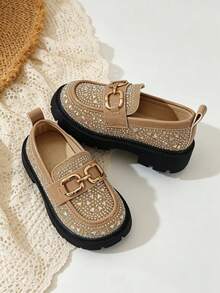 1 Pasang Sepatu Loafer Slip-On Gaya Inggris Vintage Berkilau dengan Hiasan Berlian Imitasi untuk Anak Perempuan, Cocok untuk Sekolah, Pemakaian Sehari-hari dan Festival, Musim Semi/Musim Gugur untuk Anak-anak Ukuran Sedang hingga Besar - Aprikot - View 4