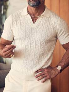 Men's Argyle Cable Knit V-Neck Short Sleeve, Y2K Loose Casual Top - White - View 4
