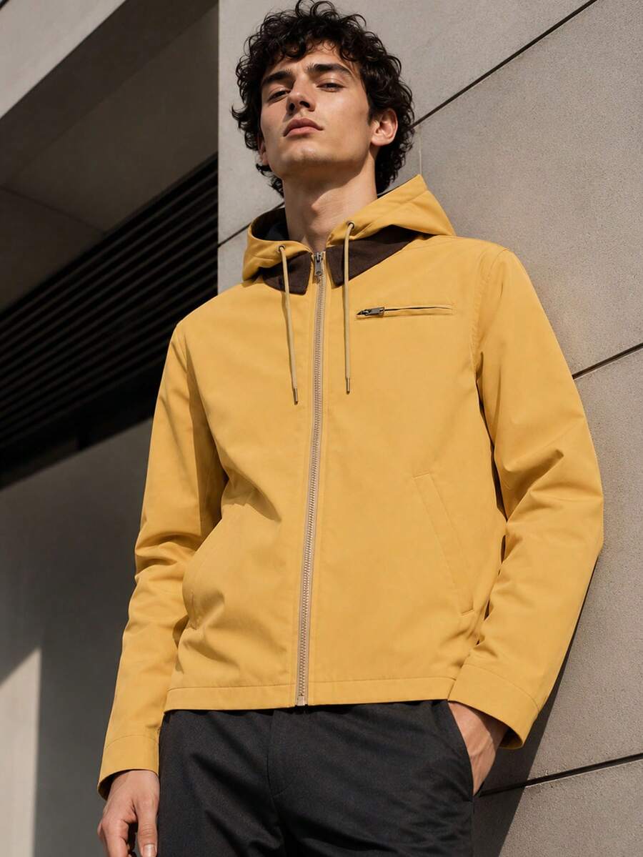Vintage Mustard Yellow Patchwork Cuff Men's Casual Versatile Loose Fit Hooded Jacket - Ginger - View 1