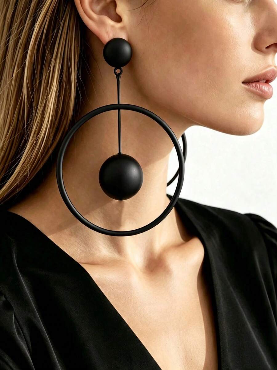 1 Pair Women's Vintage European & American Style Double-Layer Thick Tube Oversized Round Hoop Long Dangle Earrings, Mirror Shiny Warm Gold Ball Studs Connected To Multi-Layer Thick Hollow Large Circle Geometric Long Drop Earrings, Suitable For Banquet, Daily, Beach Vacation, Fashion Wear - Black - View 1
