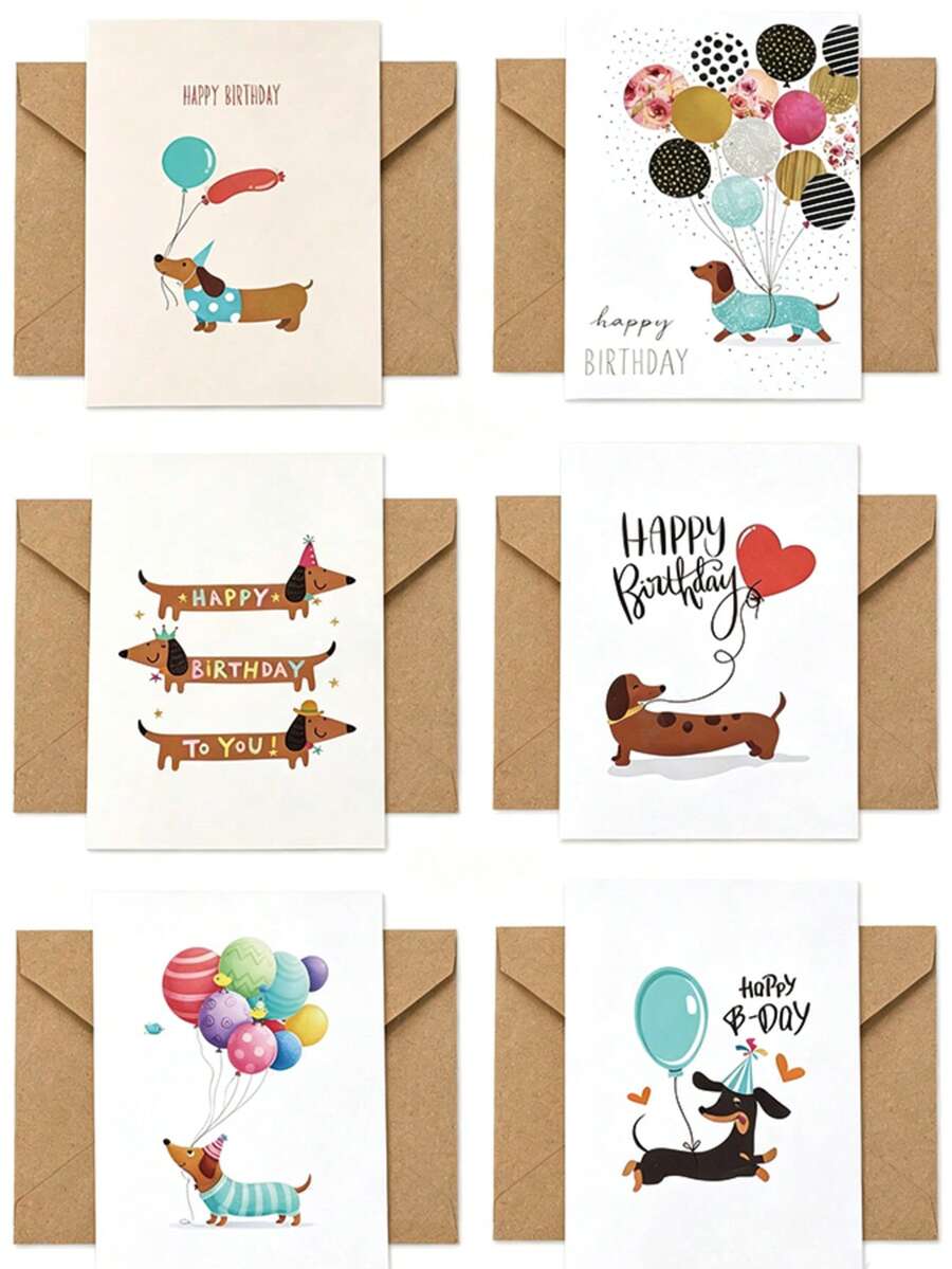 12pcs/6sets Dachshund Birthday Greeting Cards With Envelopes, 6 Different Designs, Cartoon Dachshund Balloon Pattern Birthday Blessing Cards, Suitable For Family, Friends, Relatives Birthday Use, Includes Birthday Blessing Cards, Thank You Cards, Sympathy Cards, Office Supplies, Holiday Accessories And Gift Tags, Birthday Greeting Cards, Birthday Party Decoration Supplies, Birthday Gifts, Party Souvenirs - Dachshund - View 1