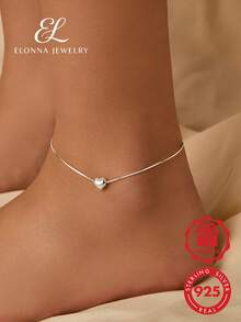 Minimalist 3D Heart Anklet, 925 Sterling Silver, Suitable For Women's Daily Wear Or Summer Vacation - Silver - View 1