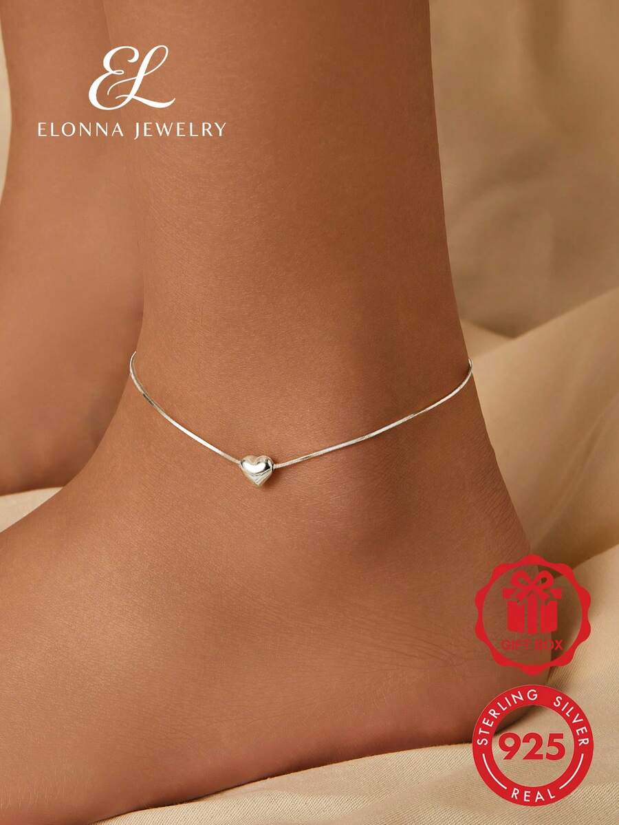 Minimalist 3D Heart Anklet, 925 Sterling Silver, Suitable For Women's Daily Wear Or Summer Vacation - Silver - View 1