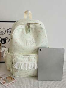 Set de 3 mochilas de nylon estilo crema con lazo de encaje y estampado de estrellas, plegables, de gran capacidad, con múltiples bolsillos y cremallera, adecuadas para adolescentes - Verde claro - Ver 3