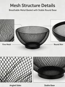 Black Metal Fruit Basket, Round Hollow Mesh Countertop Fruit Bowl, 3 Sizes Available, Fruit Holder With Stable Base, Ventilated Metal Storage Bowl For Fruits, Snacks And Tabletop Home Decorations - Black - View 7