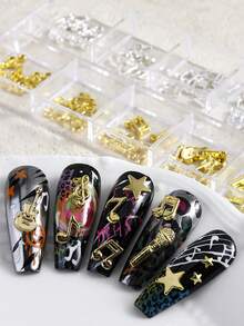 12 Grids Silvery/Golden Metal Music Note Nail Charms 3D Musical Symbol Guitar Nail Decoration Punk Microphone Star Accessories - Multicolor - View 9