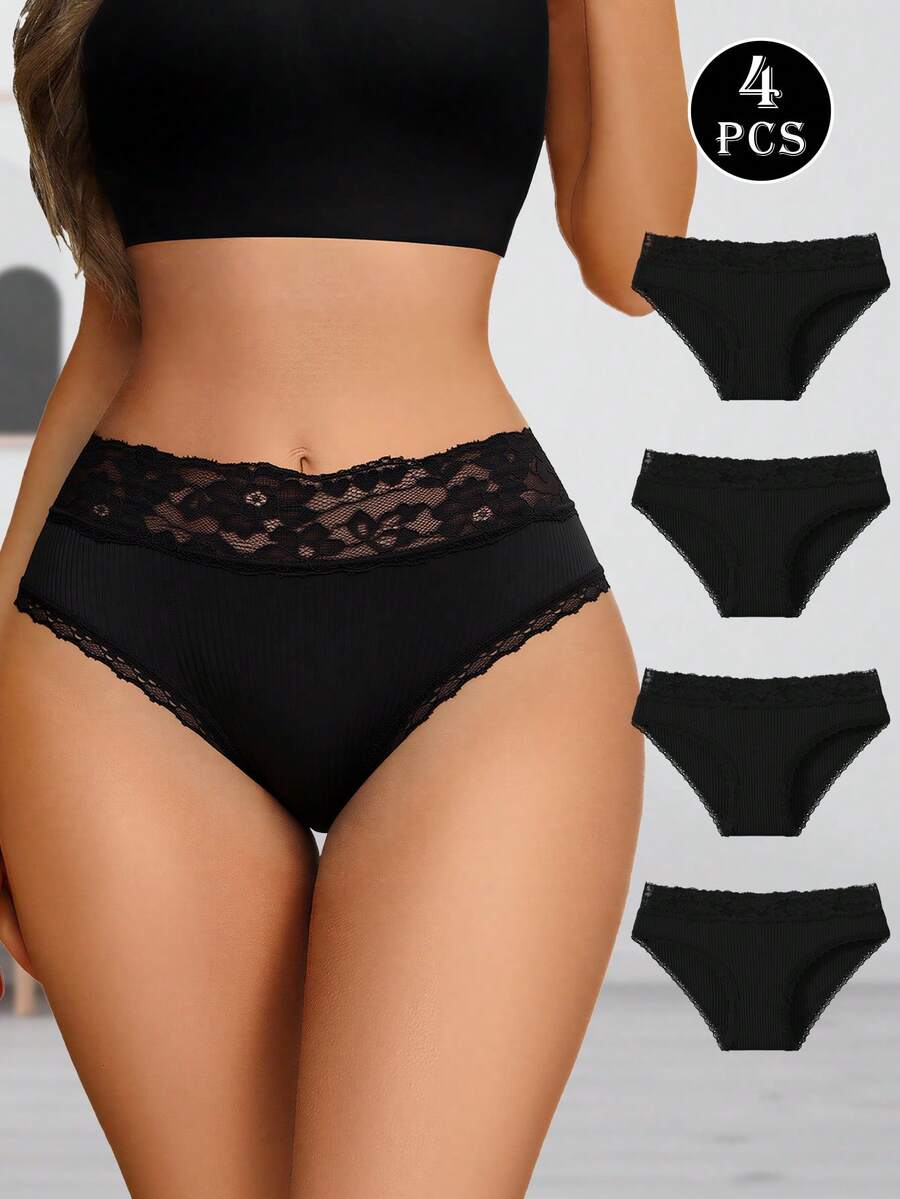 4 buah Celana Dalam Segitiga Wanita Katun Bergaris Motif Renda Hitam, Pakaian Dalam Wanita yang Menawan - Hitam - View 1