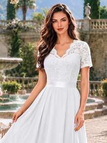 MIUSOL Elegant V-Neck Floral Lace Pleated Hem Chiffon Ball Gown Summer - White - View 10