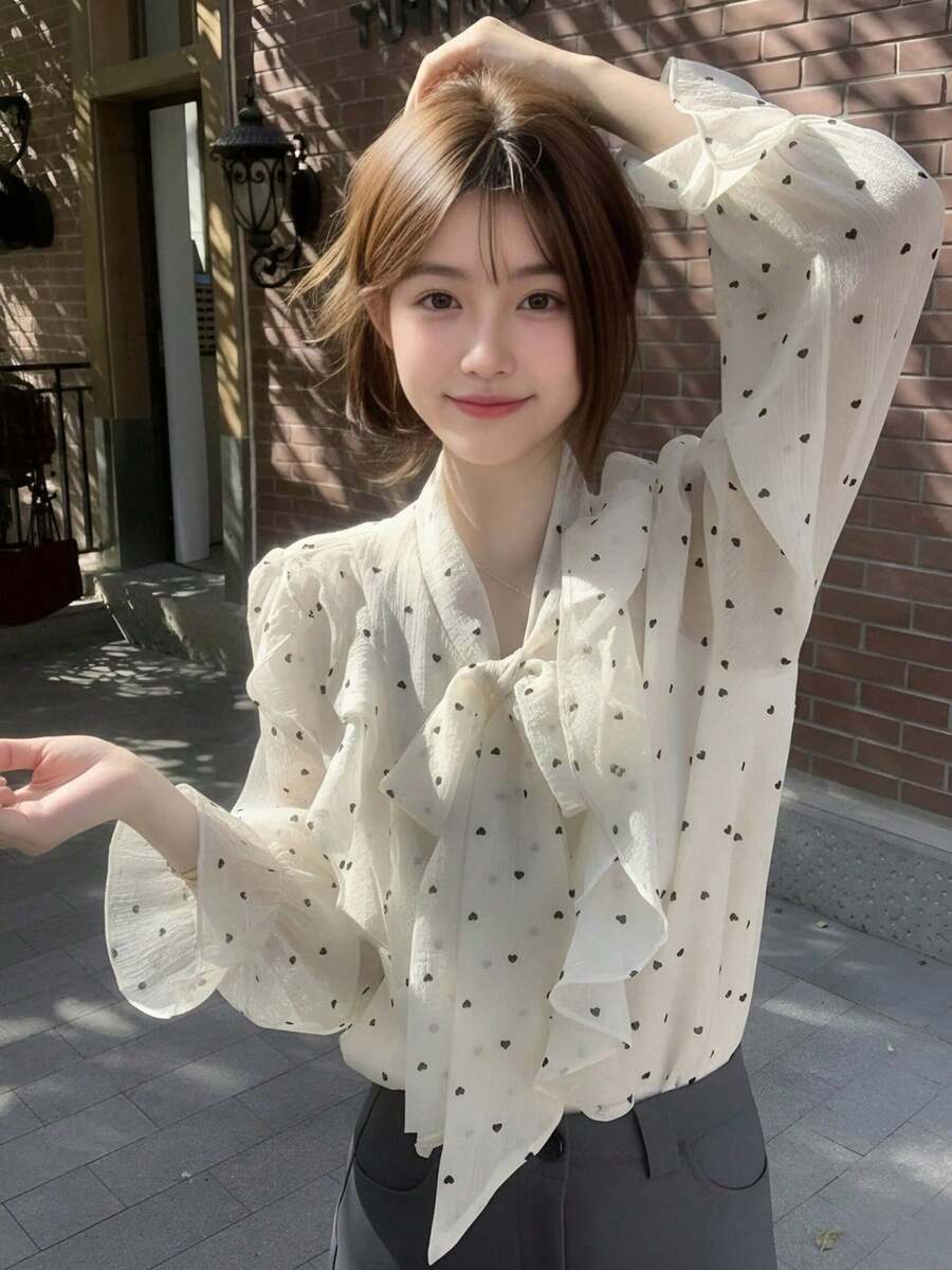Blus Pelindung Matahari Motif Polkadot Hati Berkerut Gaya Prancis, Atasan Lengan Panjang Longgar dengan Pita dan Tali Pengikat - Aprikot - View 1