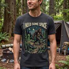 Ropa para Hombre, Camiseta con Gráficos de Bigfoot y Alienígena, Estampado 'Necesito Espacio', Camiseta Casual Divertida de Manga Corta, Regalo Ideal, Camisetas para Mujer - Negro - Ver 1