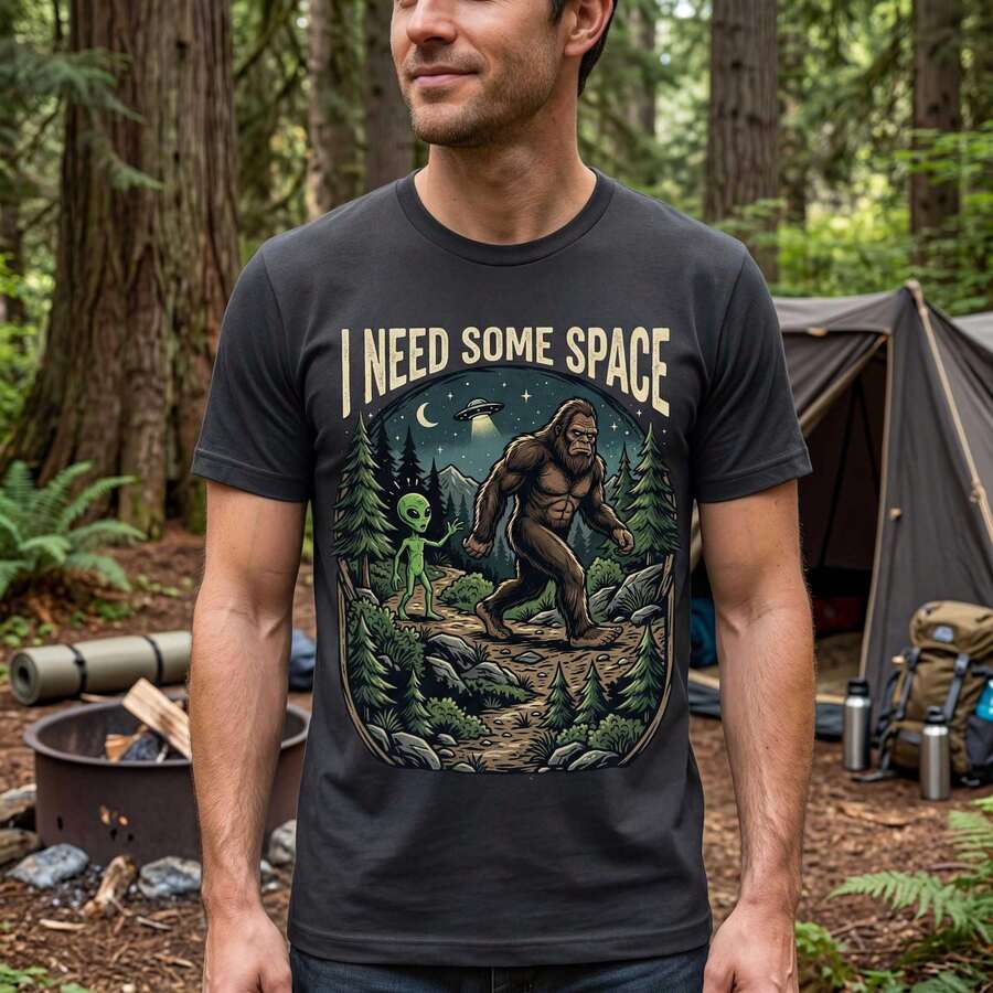 Ropa para Hombre, Camiseta con Gráficos de Bigfoot y Alienígena, Estampado 'Necesito Espacio', Camiseta Casual Divertida de Manga Corta, Regalo Ideal, Camisetas para Mujer - Negro - Ver 1