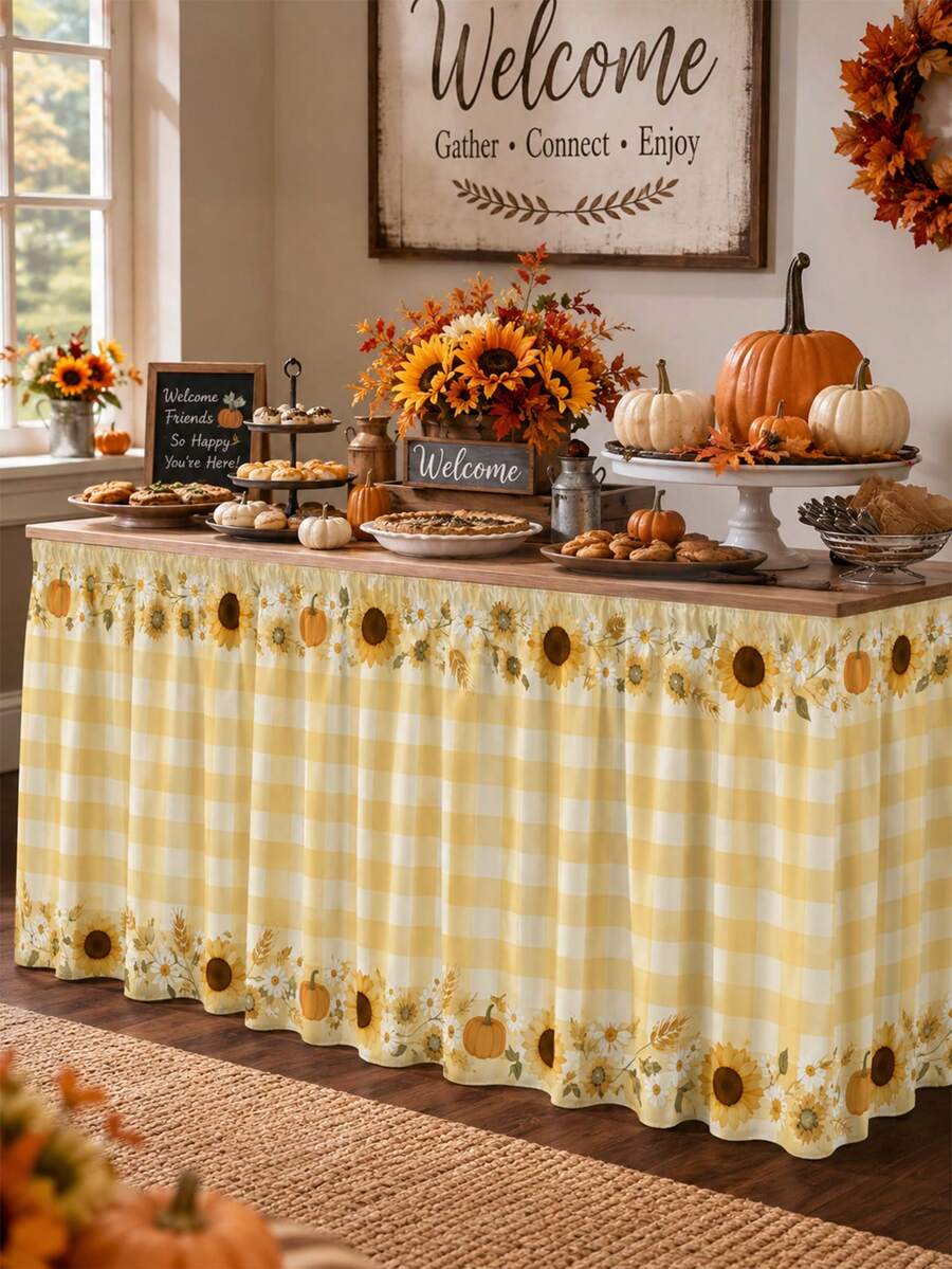 Sunflower And Pumpkin Print Autumn Decorative Table Skirt, Yellow Plaid Polyester Pleated Printed Tablecloth, Suitable For Thanksgiving Family Gathering And Autumn Holiday Kitchen Dining Table Decor - Multicolor - View 1
