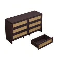 130CM Arc Shaped Corner Rattan Cabinet, 6-Drawers Rattan Storage Cabinet Rattan Drawer, For Living Room Bedroom,And Kitchen, Reddish-Brown, Brown - 棕色 - 查看 9