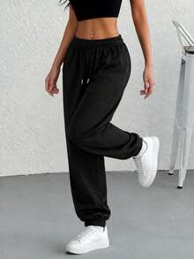 Women Solid Drawstring High Waist Loose Sweatpants, Casual Elastic Cuffs Joggers, Daily Sports Workout Track Pants With Pockets - Black - View 2