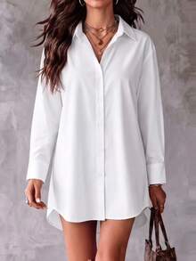 Women's Long Sleeve Polyester Shirt Dress, Collared, Button Front, Curved Hemline With Front Short Back Long, Loose Casual Top, Suitable For Spring And Autumn Streetwear - White - View 2
