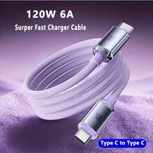 Kabel Data Pengisian Cepat Type-C ke Type-C 120W 6A, Jalinan Nilon, Kompatibel dengan iPhone 15-17 15Pro S25 S24 S23 S22 S21 12Pro P40 P60, Kabel Pengisian Daya Ponsel Android, Kabel USB C, Kabel Transfer Data Pro Pro, Kabel Dual Type-C - Mauve Purple - View 10