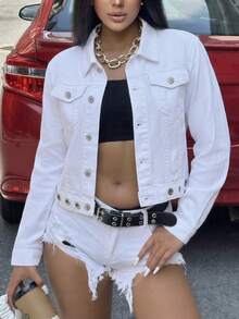 Women's Single-Breasted Casual Versatile Daily Denim Jacket - White - View 3