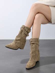 Double Buckle Western Style Mid-Calf Boots, Plus Size Wide Fit Black Square Toe Chunky Heel Slouch Fashion Boots - Khaki - View 3