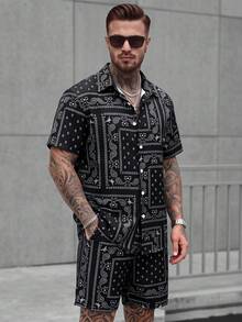 Men's Lightweight Paisley Print Short Sleeve Single-Breasted Shirt & Shorts Set With Elastic Drawstring And Pockets, West Coast Retro Cashew Flower Pattern Shirt + Bermuda Shorts 2-Piece Set, Suitable For Street Style, Daily Wear, Vacation Travel - Black - View 2