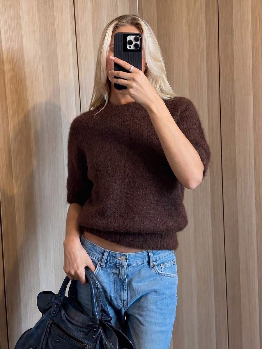Autumn/Winter Minimalist Fuzzy Knit Sweater, Casual Commute Date Layering Versatile Vintage Women's Knit Top Fine Fuzz Summer - Chocolate Brown - View 1