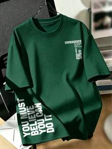 Men's Loose Drop Shoulder Short Sleeve T-Shirt, Inspirational Vertical English Slogan Print, American Minimalist Green - Green - View 1