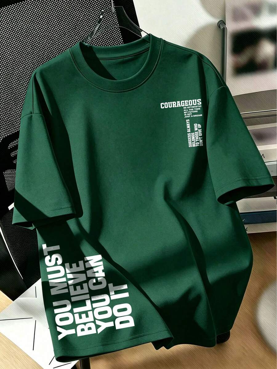 Men's Loose Drop Shoulder Short Sleeve T-Shirt, Inspirational Vertical English Slogan Print, American Minimalist Green - Green - View 1