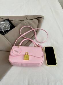 1件裝女款粉色純色PU小方型手提包,附金屬配件裝飾 - 粉色 - 查看 4