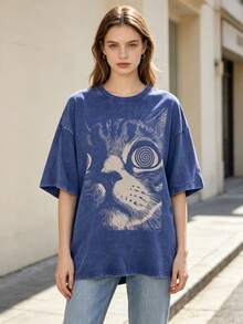 Spiral Eye Cat Portrait Hatching Sketch Print 1pc 230g Cotton Oversized Graphic Tees Men Summer Beach Daily - 藍色 - 查看 2