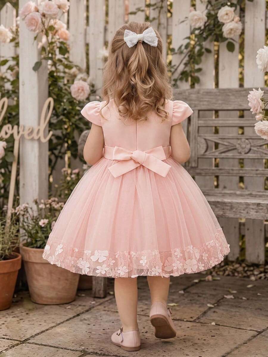 Baby Girls Princess Applique Bow Elegant Fluffy Princess Dress Suitable For Vacation, Headband Not Included