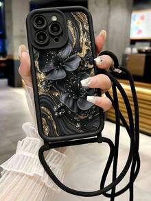 花卉彩繪新款溝槽掛繩手機殼，斜跨手提包款，高級對比色黑色手機殼，加厚防摔保護殼，適用於 iPhone 16/16 Pro/16 Pro Max/16 Plus/14 Pro Max，雙掛孔保護殼，可拆卸掛繩手機殼，15 Pro Max/13 Pro Max/14/7P/12 Pro Max，軟矽膠米色 11 背包款可調節掛繩手機殼保護殼 - 彩色 - 查看 1