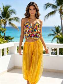 Belly Dance V Neck Colorful Sequin Tassel Crop Top Gold Dotted Mesh Harem Jogger Pants Exotic Dance Performance Costume - Multicolor - View 15