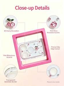 Cute 3D Cherry Shiny Lens Protector Film, Compatible With IPhone 17 Pro 17 Pro Max 18 Pro 18 Pro Max, 9H Tempered Glass, With Hot Pink Gift Box, 1 Set, Rhinestone Decor - Pink - View 3