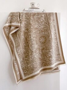 1pc Retro Classical Vase Scroll Motif Print 65*185cm Rectangle Scarf, Thick Faux Cashmere Brushed Polyester Winter Shawl For Travel Party Daily Outing - Multicolor - View 2