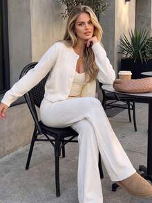 Women Autumn Cream Knit 2 Pieces Outfit Round Neck Button Front Cardigan Wide Leg Pants Long Sleeve Ribbed Hem Casual Sweater Set - White - View 8