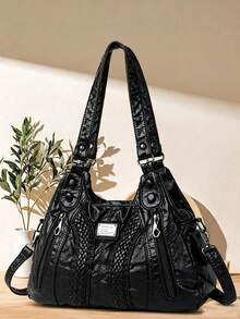 Nicekee Fashionable Versatile Simple Solid Color Handbag,Adjustable Long Shoulder Strap,Large Capacity Retro Tote Bag,Suitable For Commuting Shopping - Black - View 2