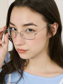 Okurime 1pc Blue Square Optical Glasses Frame For Women, Narrow Face, Lightweight Copper Alloy Rectangular Glasses - Silver - View 4