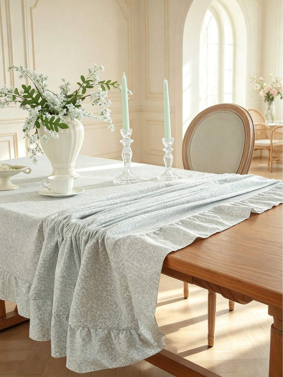1件波浪蕾絲邊桌布，聚酯纖維布料，淺藍色花卉圖案，長方形/正方形，適用於餐廳和客廳桌面裝飾