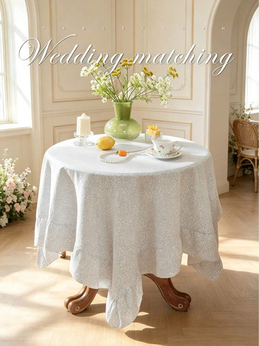 1pc Tablecloth With Scalloped Lace Trim, Polyester Fabric, Light Blue Floral Pattern, Rectangular/Square, Suitable For Dining Room And Living Room Tabletop Decoration