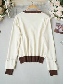 Contrast Color Round Neck Knit Cardigan Women Spring Autumn, Luxury Metal Button Color Block Long Sleeve Commuter Top, Suitable For Daily Wear Or Layering Under Blazer - Apricot - View 9