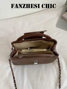 Woven Texture Small Square Handbag With Flap Lock, Metal Gold Ball Chain, Luxury Elegant Style Women's Daily Shoulder Crossbody Bag - Brown - View 6
