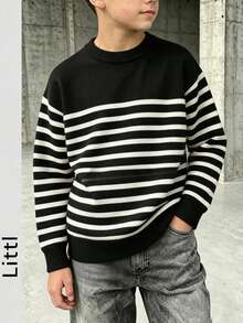 Tween Boys Color Block Striped Crew Neck Knit Sweater, Soft Long Sleeve Basic Pullover Jumper For Fall Winter School Daily Wear - Black - View 6