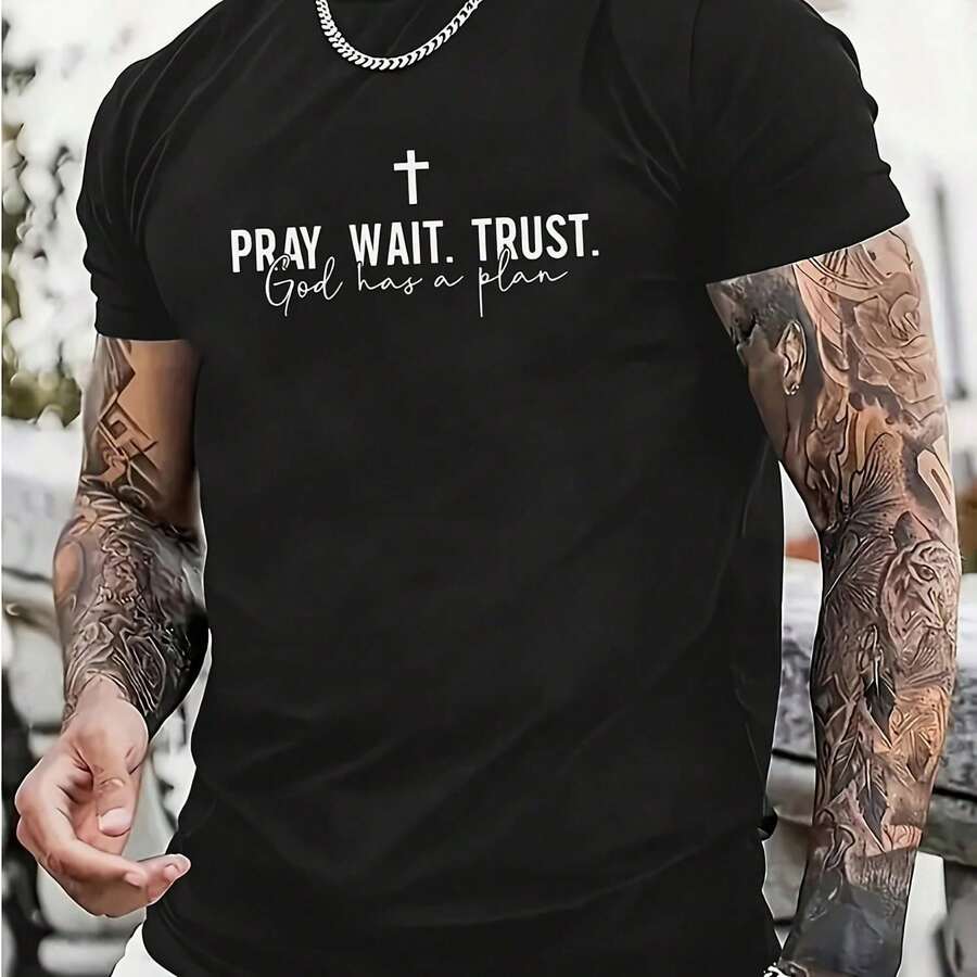 Local... Men's Oversized Graphic T-Shirt - 100% Cotton Soft Breathable Summer Tee With Inspirational Pray Wait Trust God Is King Cross Design, Casual - 款式 - 查看 1