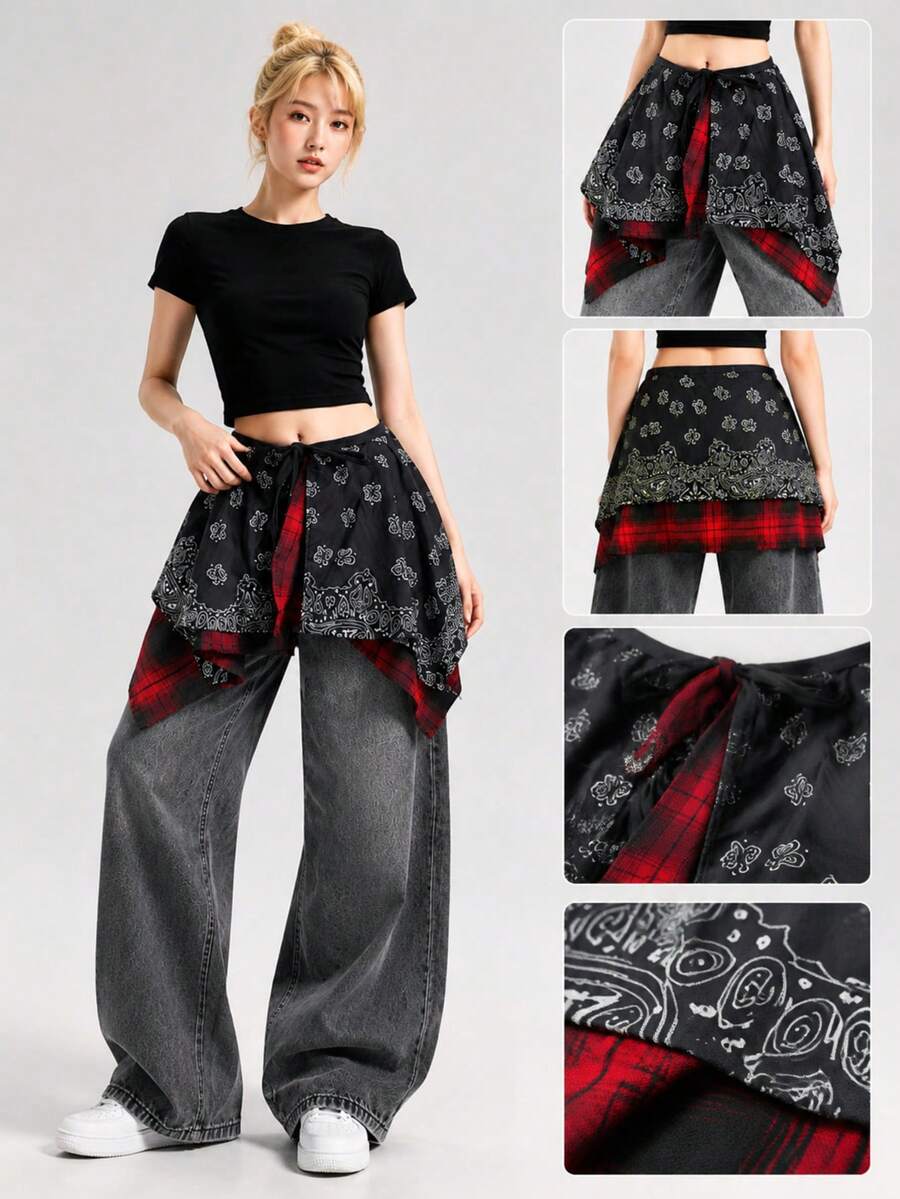 Jazz Street Dance Brand Red & Black Punk Plaid Hem Butt Cover, Waist Wrap For Dancing - Multicolor - View 1