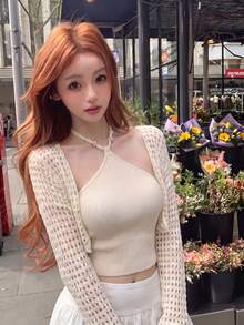 Y2K Pure Desire Spaghetti Strap Strap Top + Hollow Out Cropped Knit Cardigan 2 Pieces Set, Date Store Visit Afternoon Tea Commute Daily Layering Fall - Apricot - View 6