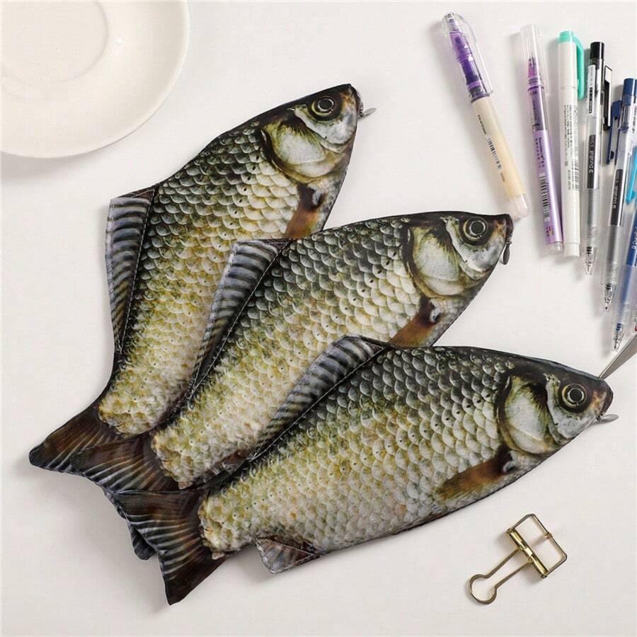 3pcs Fish-Shaped Pens + 1pc Creative Realistic Carp Pen Pouch, Student Personalized Funny Salted Fish Pen Bag, Sea Fish Stationery Box, Desktop Stationery Storage Bag, Back To School Backpack Accessory - Fish - View 1