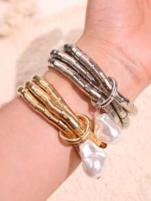 Personalized Vintage Metal Bamboo Joint Elastic Bracelet, Asymmetrical Faux Pearl Multi-Layer Bracelet, Minimalist INS Style Fashion Bracelet Set, Suitable For Women's Daily Wear - Multicolor - View 6